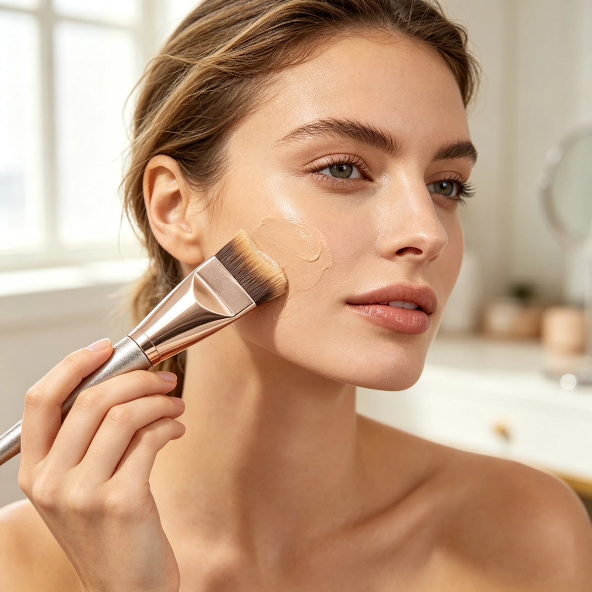 Angled Flat Foundation Makeup Brush for Face Cosmetic Application